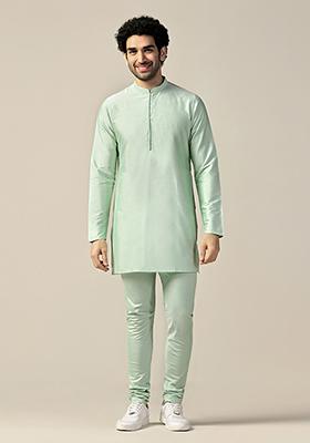 Aqua Green Solid Cotton Blend Mid Kurta Set
