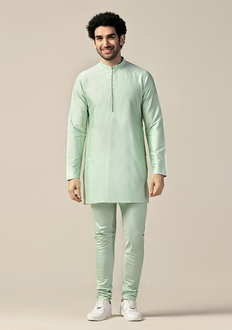 Aqua Green Solid Cotton Blend Mid Kurta Set