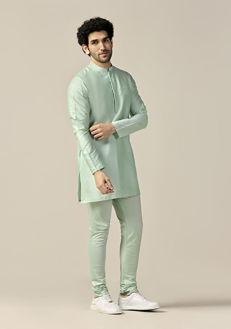 Aqua Green Solid Cotton Blend Mid Kurta Set