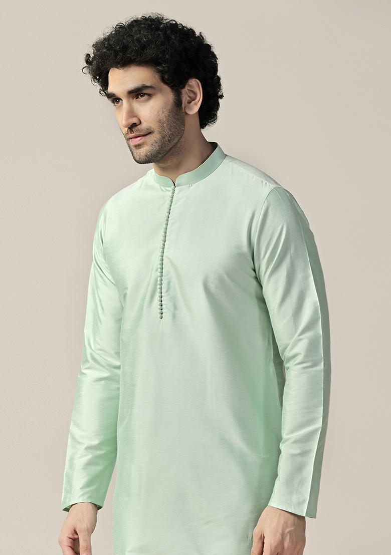 Aqua Green Solid Cotton Blend Mid Kurta Set