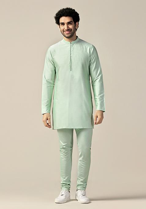 Aqua Green Solid Cotton Blend Mid Kurta Set