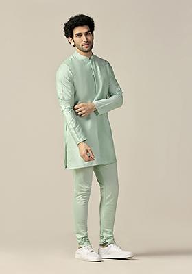 Aqua Green Solid Cotton Blend Mid Kurta
