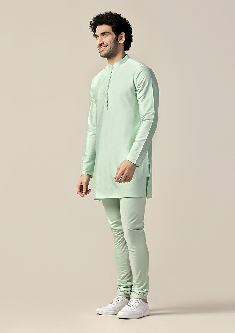 Aqua Green Solid Cotton Blend Mid Kurta