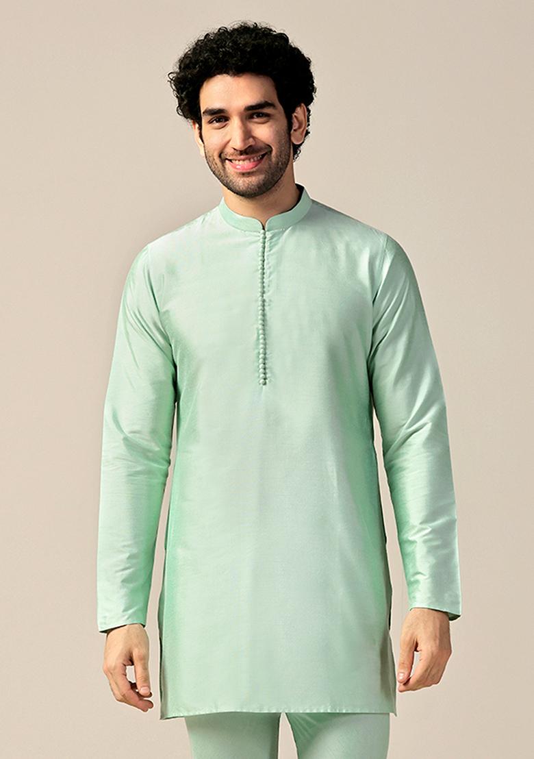 Aqua Green Solid Cotton Blend Mid Kurta