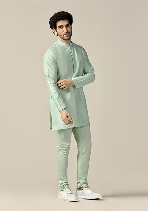 Aqua Green Solid Cotton Blend Mid Kurta