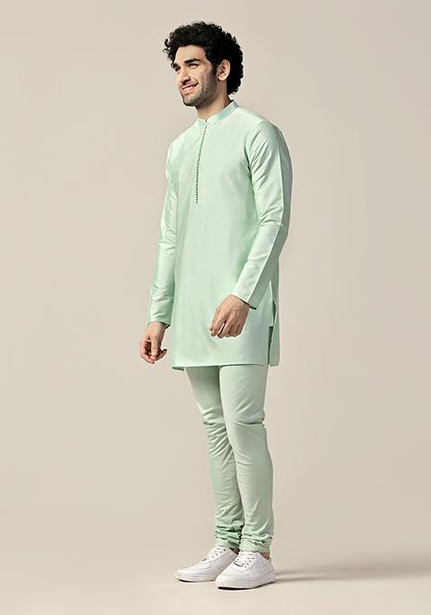 Aqua Green Solid Cotton Blend Mid Kurta