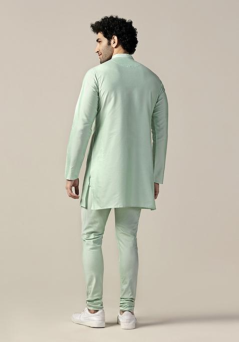Aqua Green Solid Cotton Blend Mid Kurta
