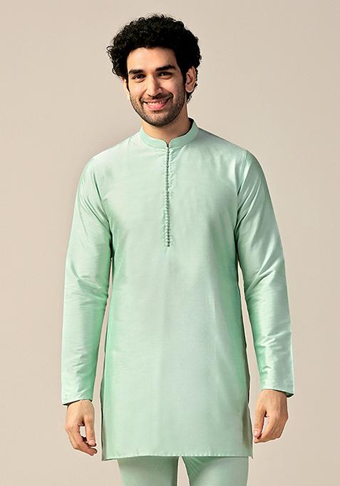 Aqua Green Solid Cotton Blend Mid Kurta