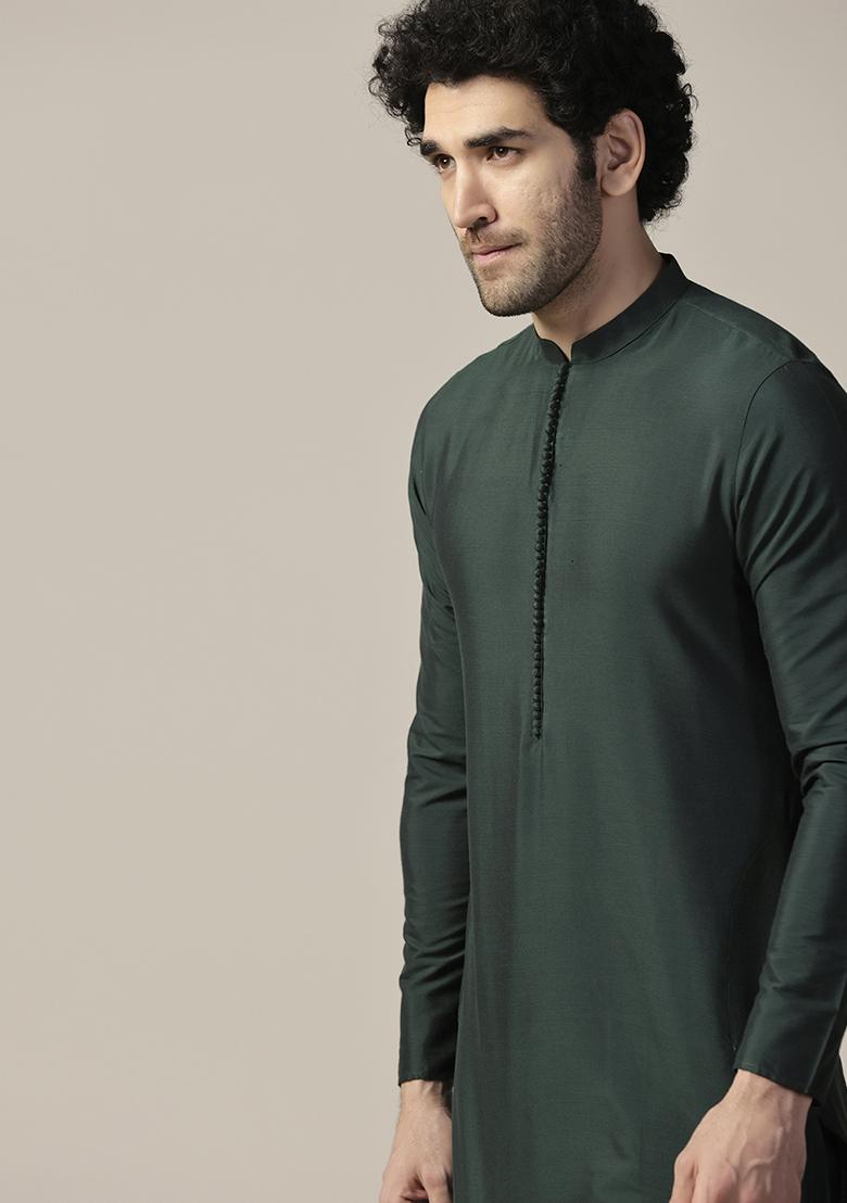 Green Solid Cotton Blend Mid Kurta Set