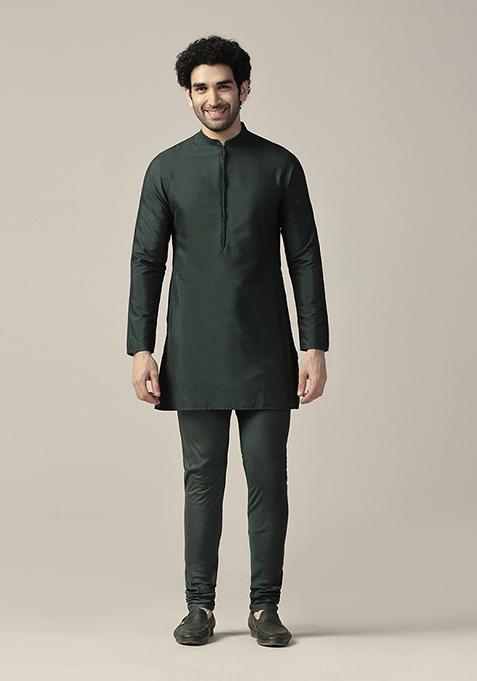 Green Solid Cotton Blend Mid Kurta Set