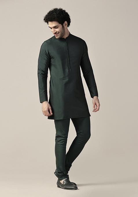 Green Solid Cotton Blend Mid Kurta Set
