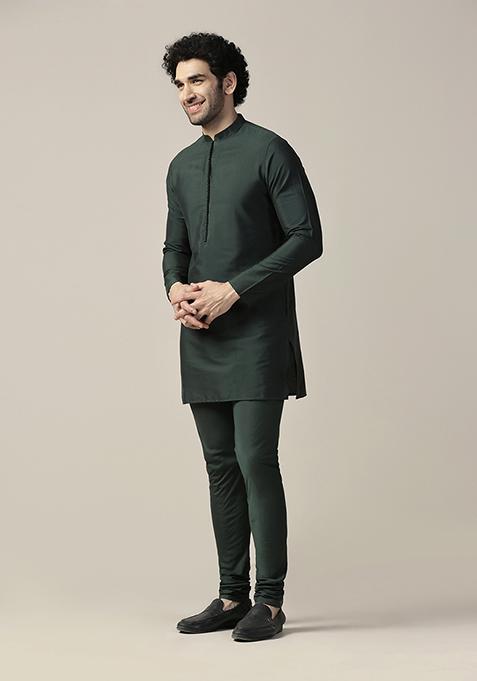 Green Solid Cotton Blend Mid Kurta Set