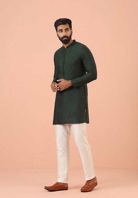 Bottle green Solid Cotton Blend Mid Kurta