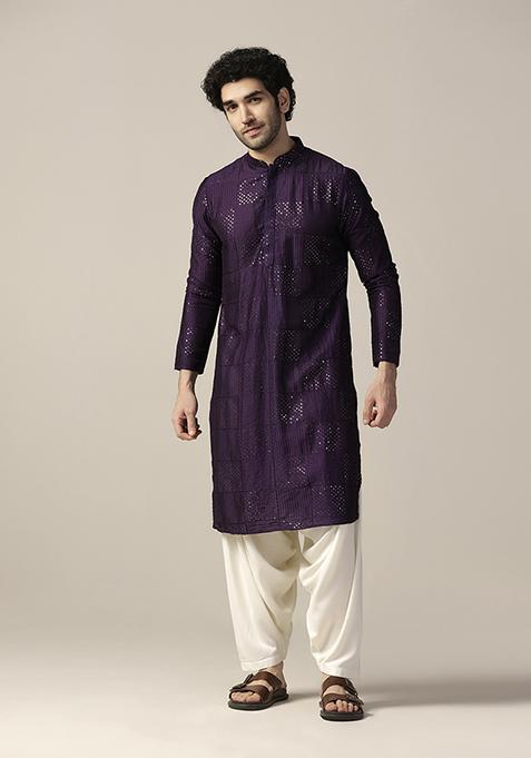 Purple Embellished Blend Kurta Set