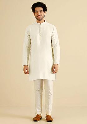 Off White Solid Cotton Blend Mid Kurta Set