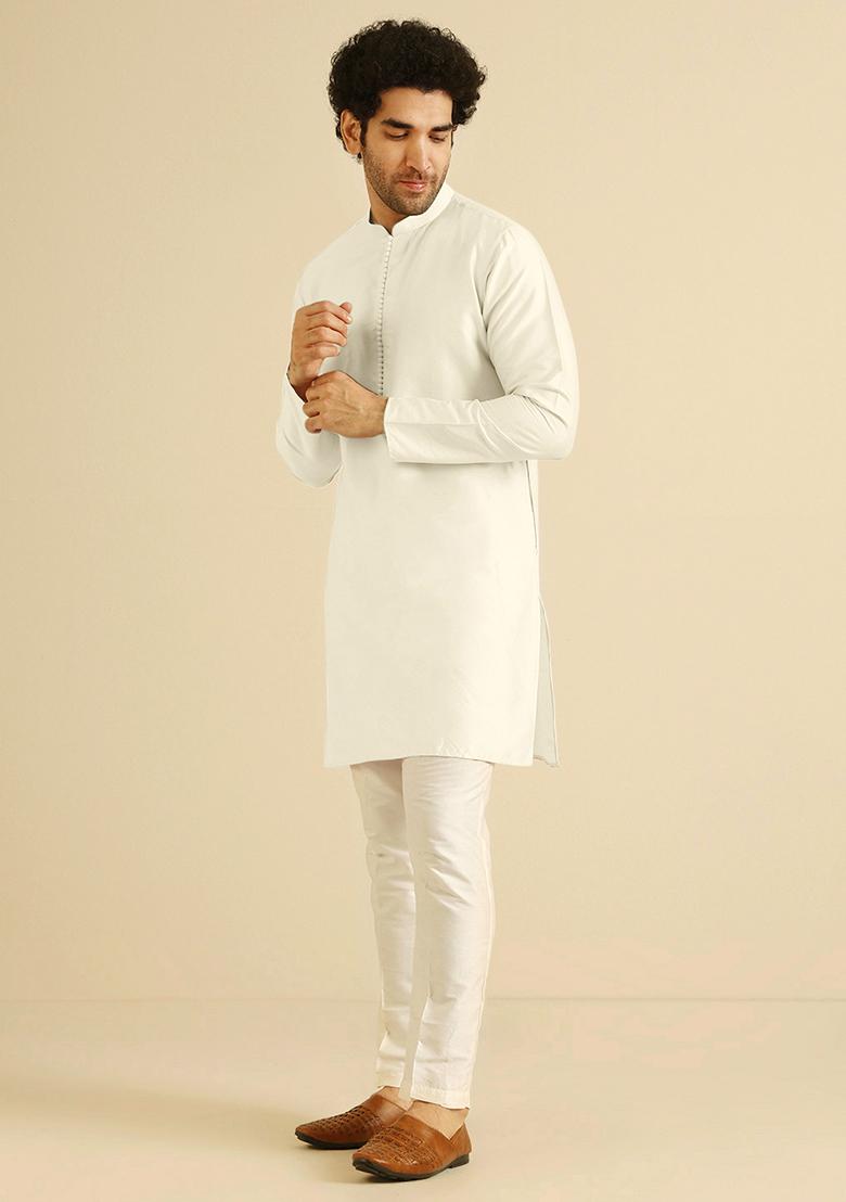 Off White Solid Cotton Blend Mid Kurta Set - Indya