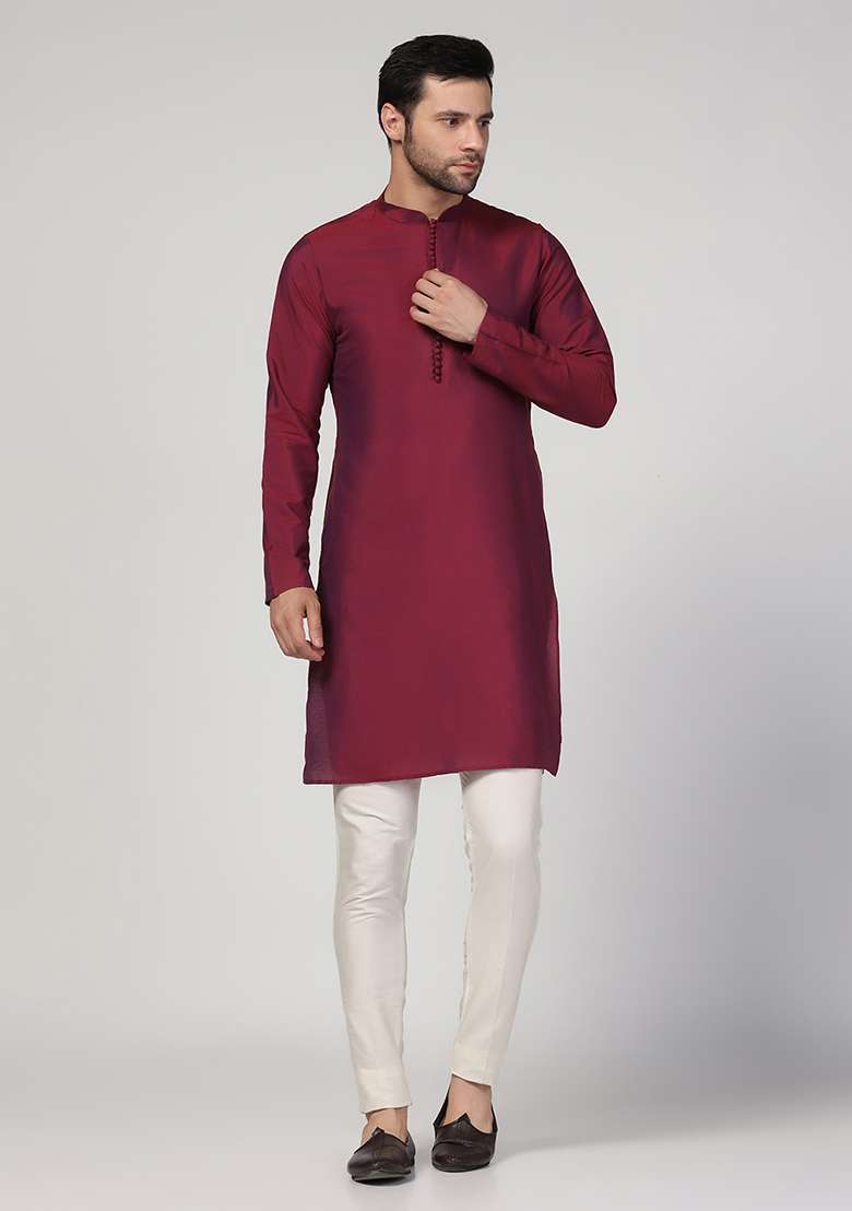 Magenta Solid Cotton Blend Mid Kurta Set - Indya