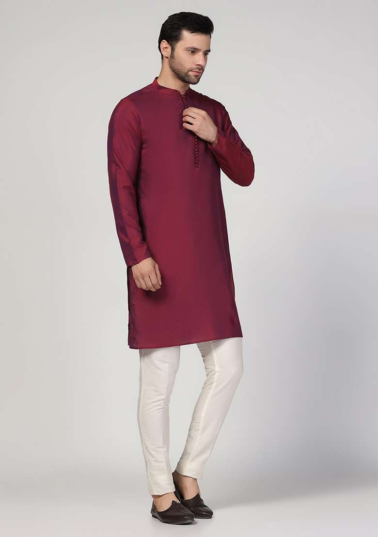 Magenta Solid Cotton Blend Mid Kurta Set - Indya