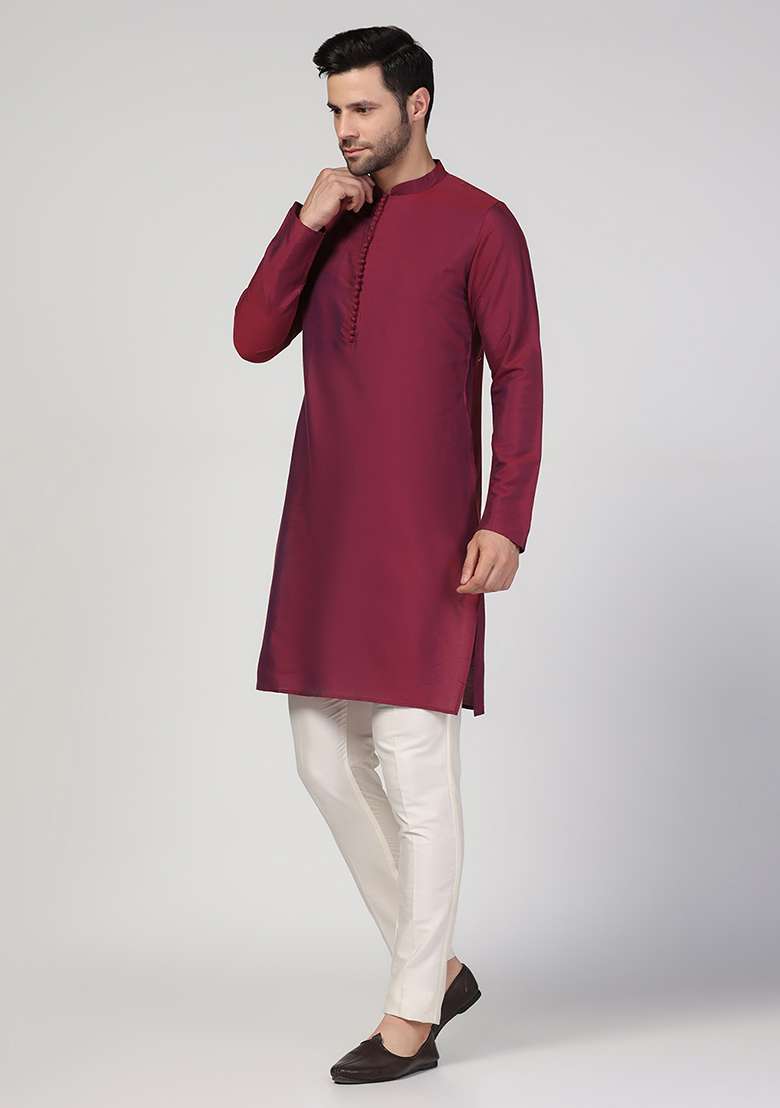 Magenta Solid Cotton Blend Mid Kurta Set - Indya