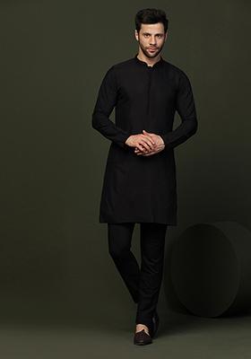 Black Solid Cotton Blend Mid Kurta Set