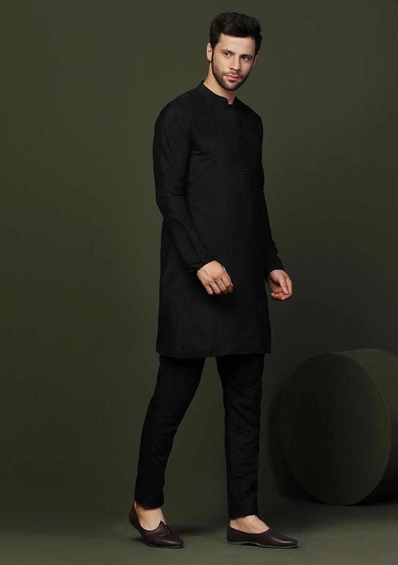Black Solid Cotton Blend Mid Kurta Set - Indya