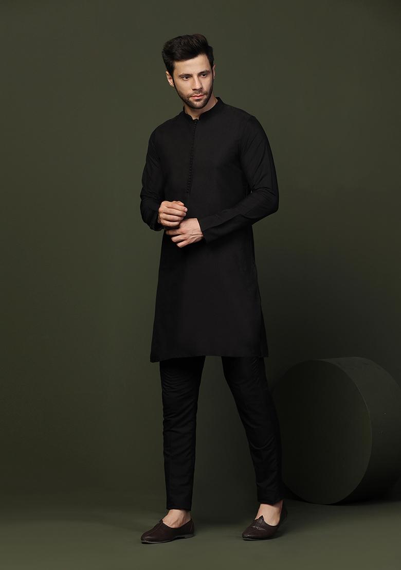 Black Solid Cotton Blend Mid Kurta Set - Indya