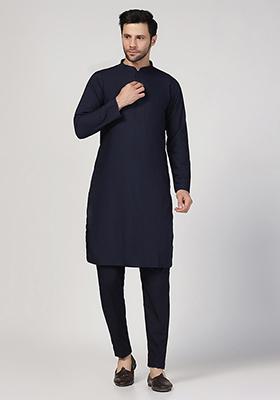 Navy Blue Solid Cotton Blend Kurta Set