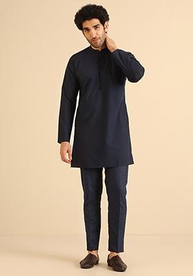 Navy Blue Solid Cotton Blend Mid Kurta Set