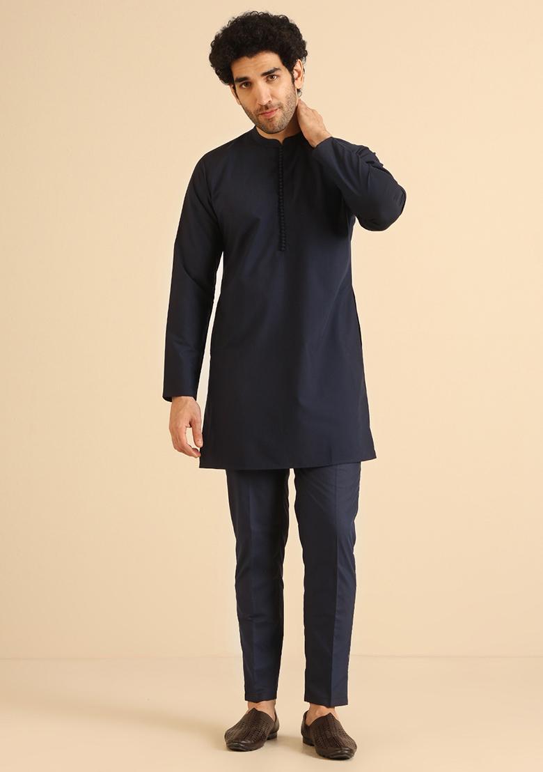 Navy Blue Solid Cotton Blend Mid Kurta Set