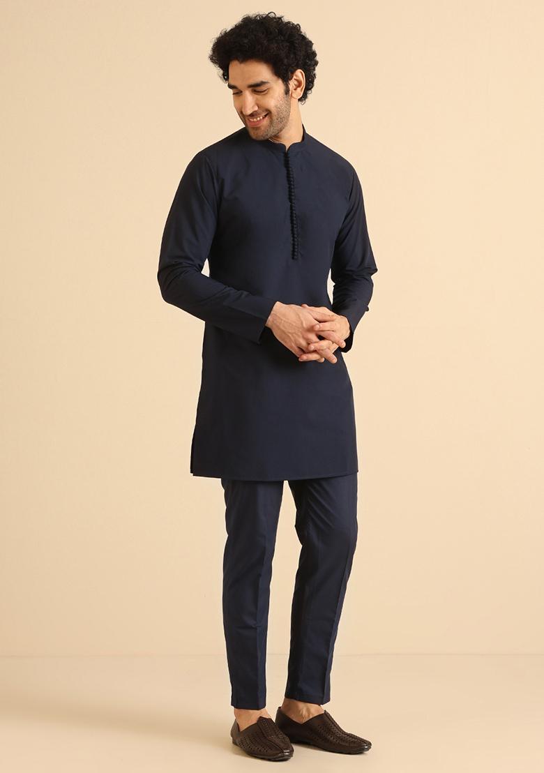 Navy Blue Solid Cotton Blend Mid Kurta Set