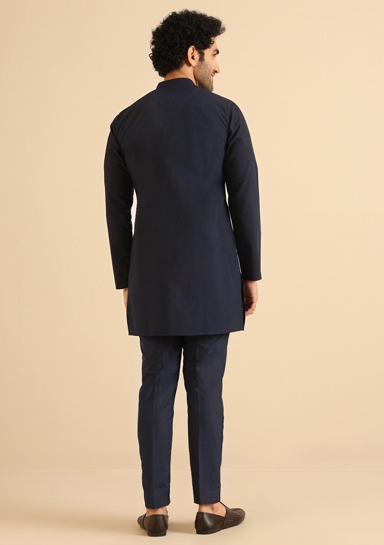 Navy Blue Solid Cotton Blend Mid Kurta Set