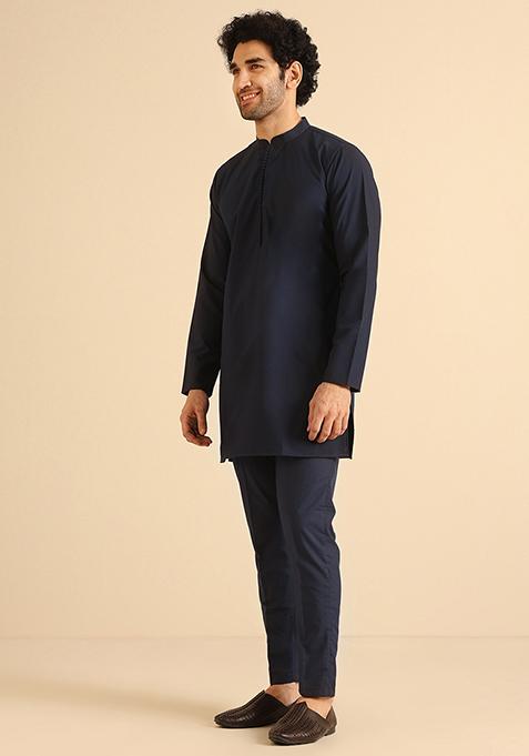 Navy Blue Solid Cotton Blend Mid Kurta Set
