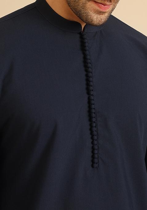 Navy Blue Solid Cotton Blend Mid Kurta Set