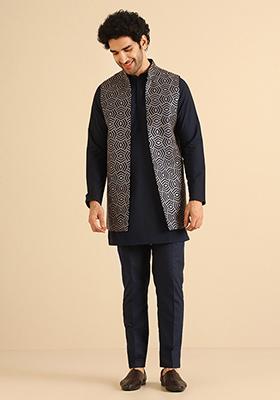 Navy Blue Embroidered Cotton Blend Mid Kurta Jacket Set