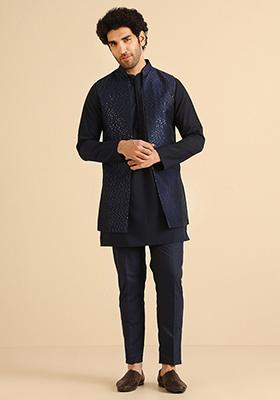 Navy Blue Embroidered Silk Blend Mid Kurta Jacket Set