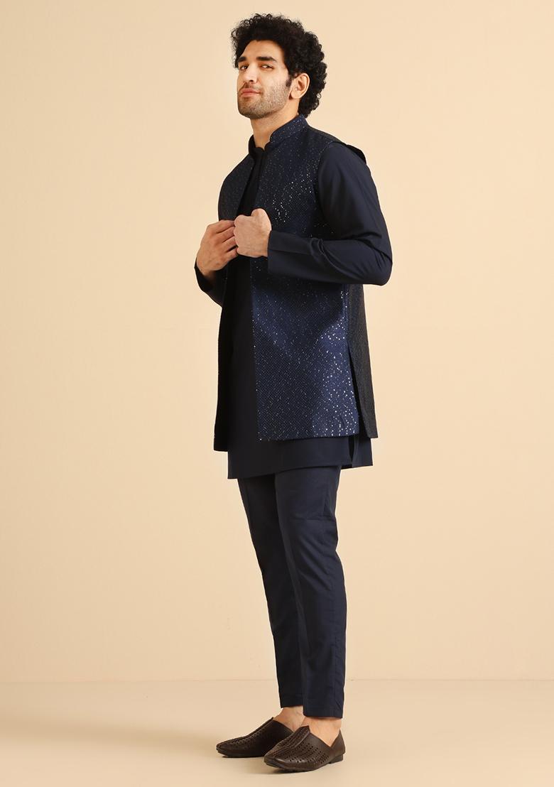 Navy Blue Embroidered Silk Blend Mid Kurta Jacket Set - Indya