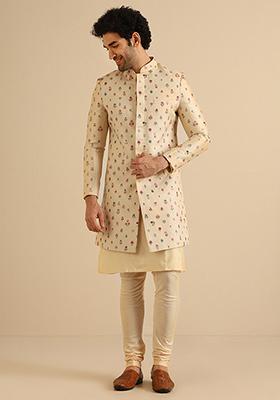 Cream Embroidered Cotton Blend Kurta Sherwani Set