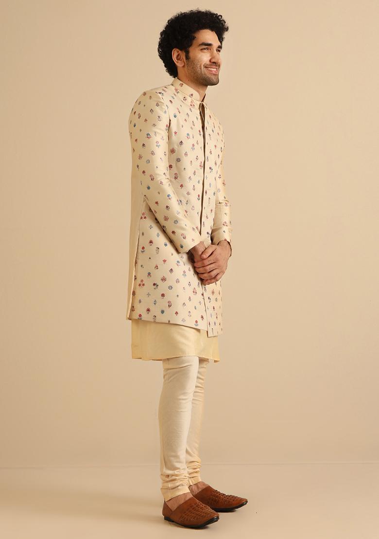 Cream Embroidered Cotton Blend Kurta Sherwani Set