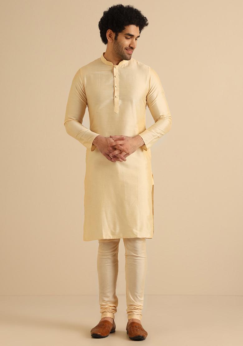 Cream Embroidered Cotton Blend Kurta Sherwani Set