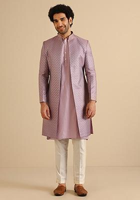 Lilac Textured Silk Blend Jacquard Kurta Sherwani Set