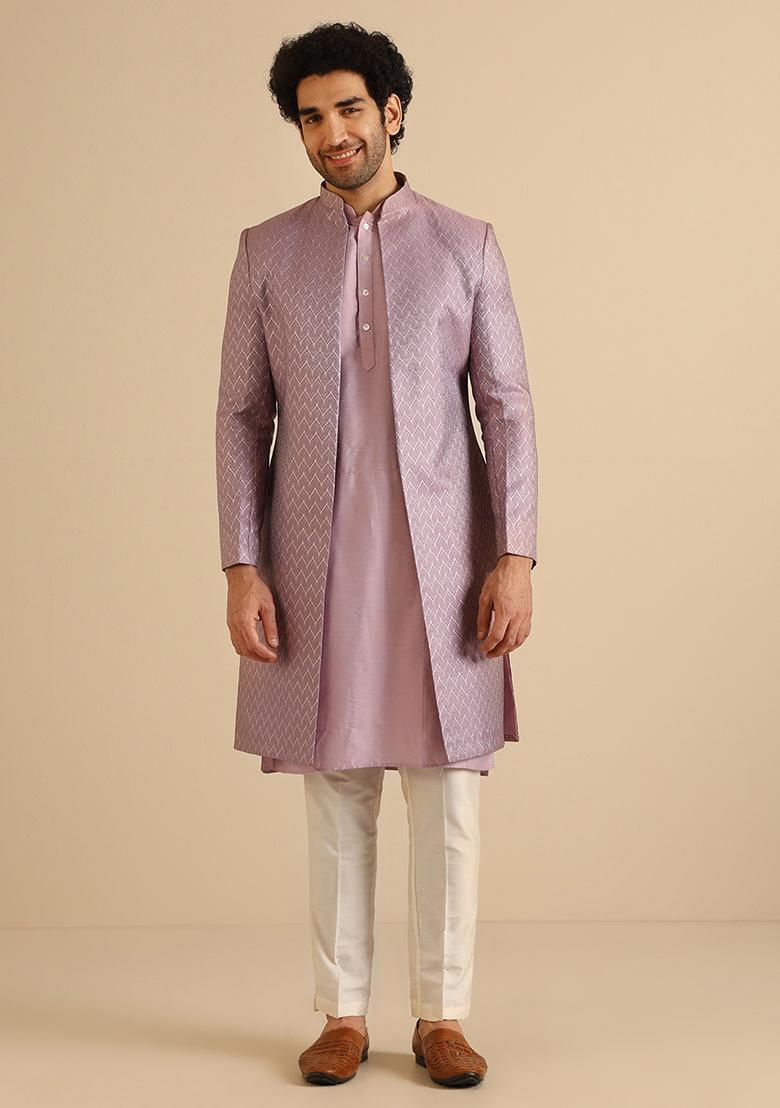Lilac Textured Silk Blend Jacquard Kurta Sherwani Set