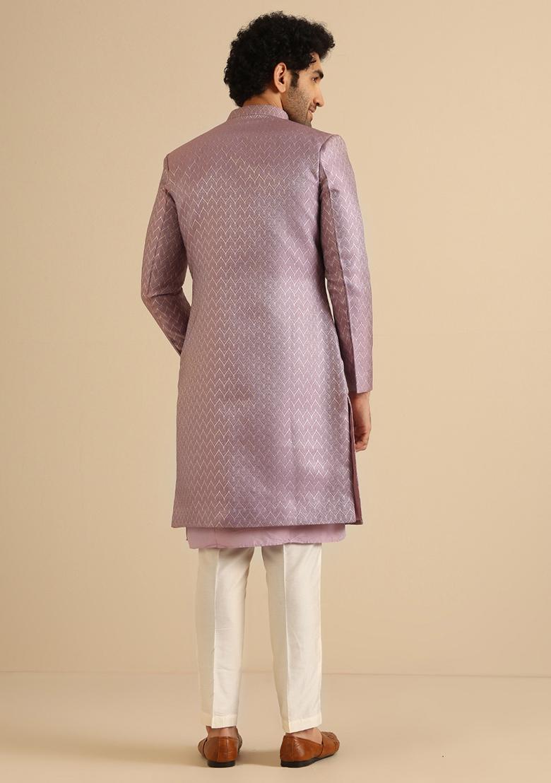 Lilac Textured Silk Blend Jacquard Kurta Sherwani Set