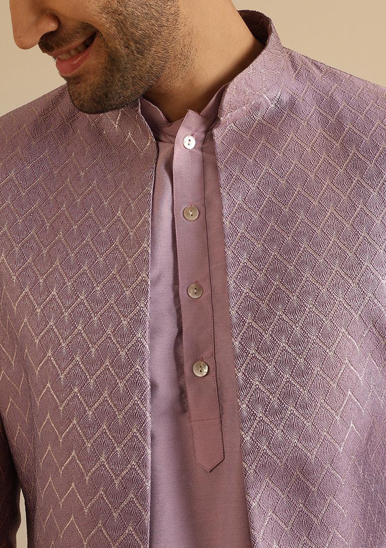 Lilac Textured Silk Blend Jacquard Kurta Sherwani Set