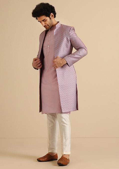 Lilac Textured Silk Blend Jacquard Kurta Sherwani Set