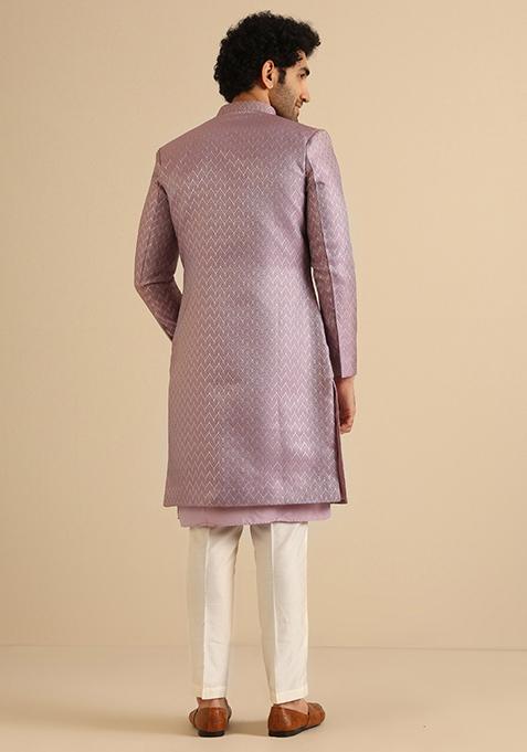 Lilac Textured Silk Blend Jacquard Kurta Sherwani Set