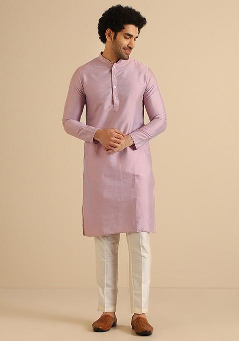 Lilac Textured Silk Blend Jacquard Kurta Sherwani Set