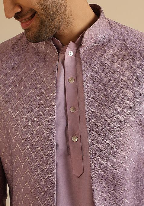 Lilac Textured Silk Blend Jacquard Kurta Sherwani Set