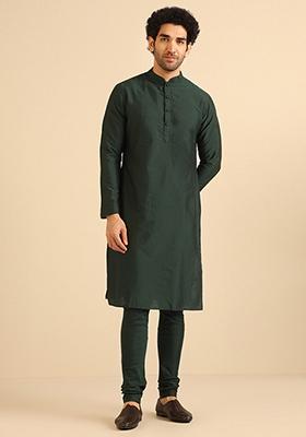 Bottle Green Solid Cotton Blend Kurta Set