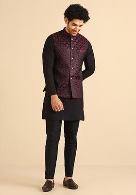 Black And Burgundy Textured Silk Blend Jacquard Mid Kurta Jacket Set