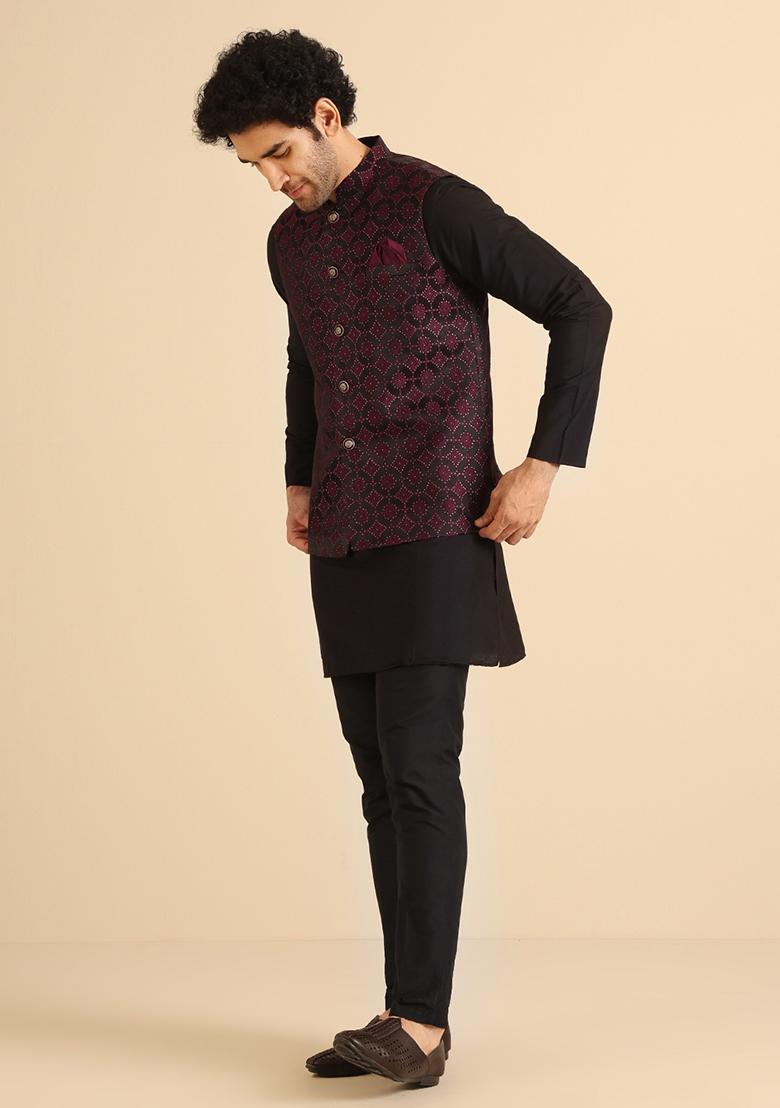 Black And Burgundy Textured Silk Blend Jacquard Mid Kurta Jacket Set - Indya